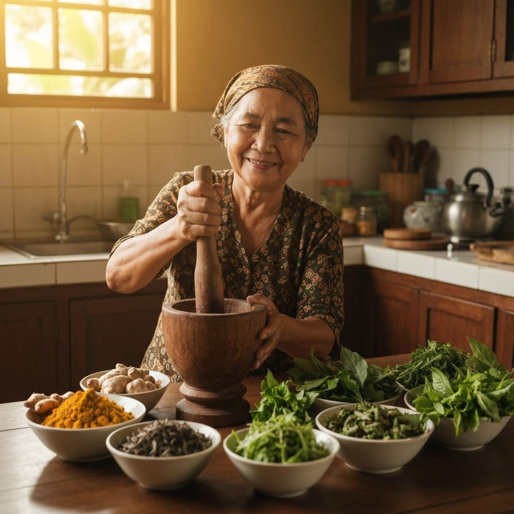 Traditional jamu preparation scene